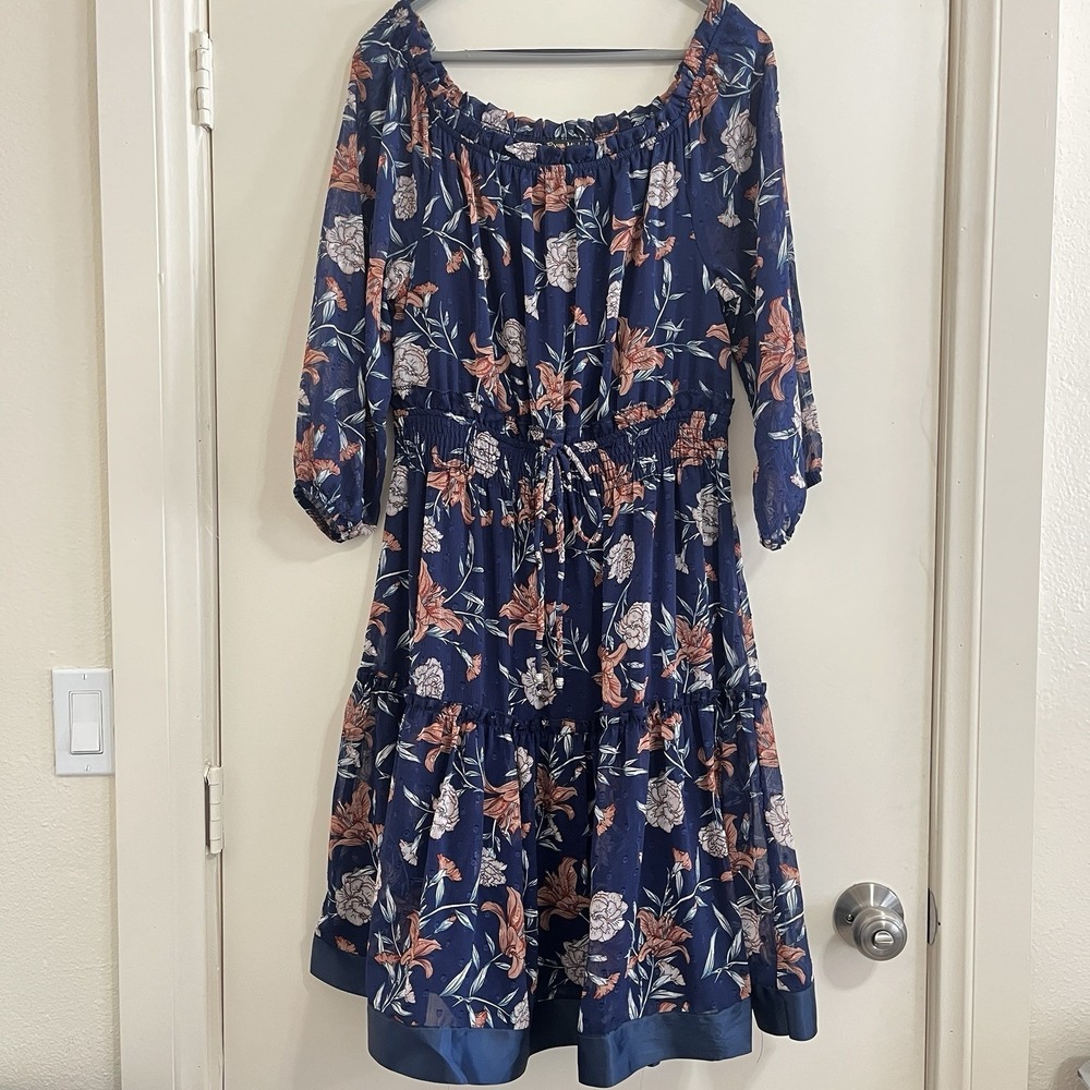 Ryan Michelle Floral Swiss Dot Dress Large Tiered Prairie Cottage Romantic Boho